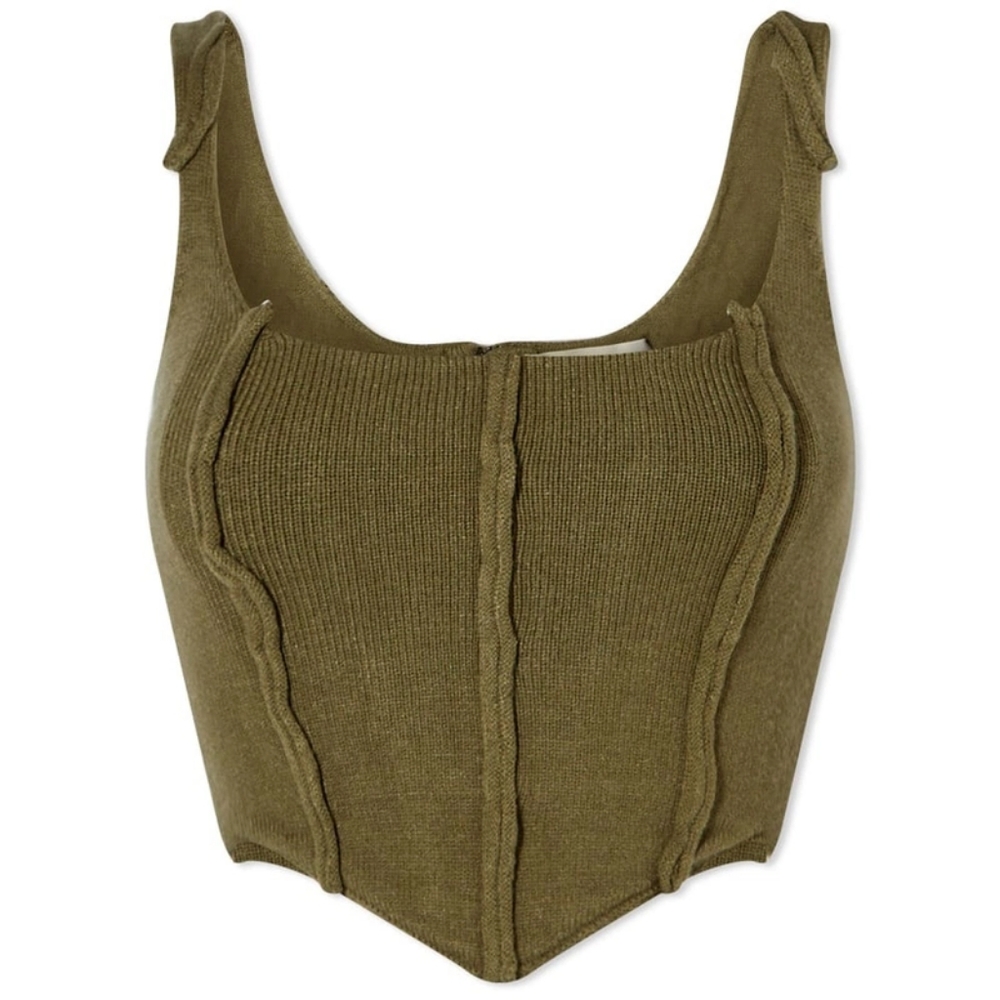 Danielle Guizio Olive Green Ribbed Knit Corset Crop Top